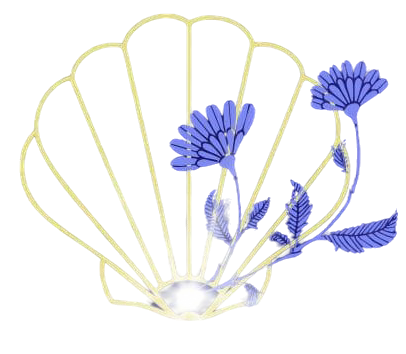 Logo Corinne Varvou, coquille Saint-Jacques dorée et bleuets